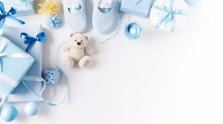 Baby shower invitation card. Flat lay, top view, copy space.の素材