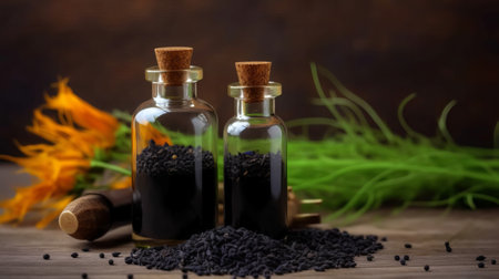 Essential oil with cumin seeds in glass bottles on wooden backgroundの素材