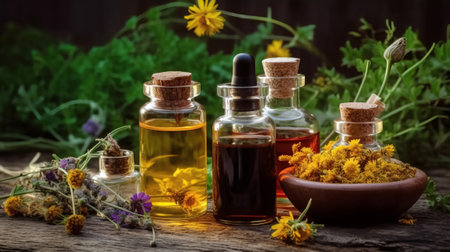 Medicinal herbs and flowers on wooden background. Selective focus.の素材
