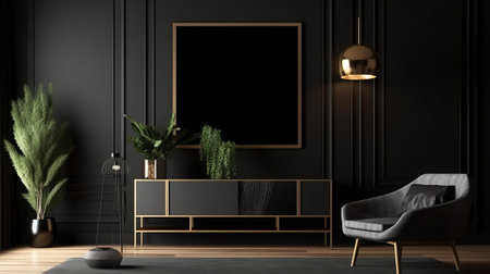 Interior of modern living room with black walls, concrete floor, dark wooden floor, comfortable armchair and mock up poster frame. 3d renderingの素材