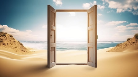 Open door in the desert with sand dunes. 3d renderingの素材