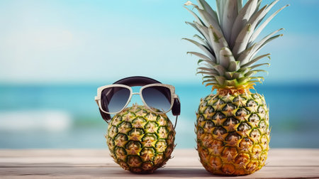 Pineapple and sunglasses on a wooden table on the background of the seaの素材