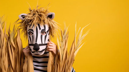 Funny child in a zebra costume with ears of wheat on a yellow backgroundの素材