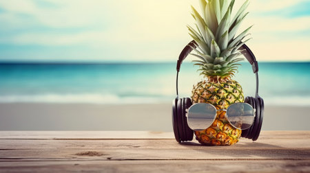 Pineapple with sunglasses and headphones on wooden table over sea backgroundの素材