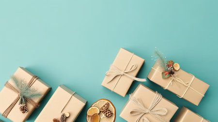 Gift boxes on blue background, top view, copy space.の素材