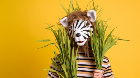 A girl in a striped T-shirt with a zebra mask on her face holds a bouquet of grass on a yellow backgroundの素材