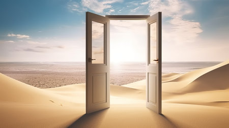 Open door in the desert. 3D Rendering and Illustration.の素材
