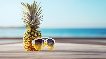 Pineapple with sunglasses on the beach. Summer vacation concept.の素材