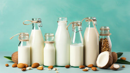 Bottles of milk with almonds and coconut on turquoise backgroundの素材