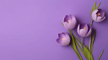 Beautiful crocus flowers on purple background, top view. Space for textの素材