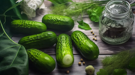 Fresh cucumbers in a glass jar on a wooden table. Selective focus.の素材