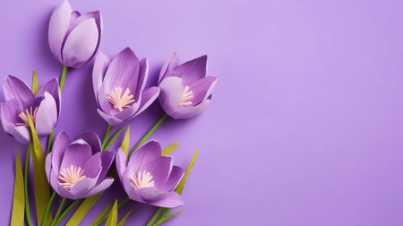 Purple crocus flowers on purple background with copy space, top viewの素材