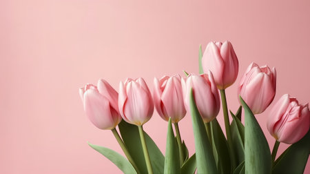 Bouquet of pink tulips on a pink background with copy spaceの素材