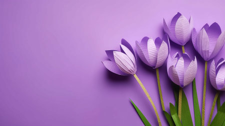 Purple crocus flowers on purple background with copy space, top viewの素材