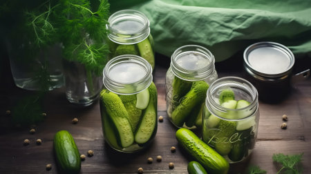 Pickled cucumbers in a glass jar on a wooden background.の素材