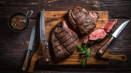 Grilled steak on cutting board with knife and fork on wooden backgroundの素材