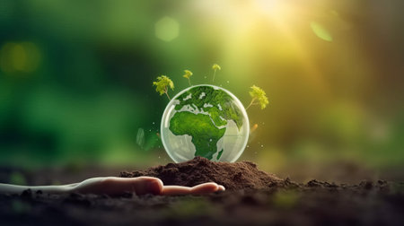 Human hands holding Earth planet in the ground with bokeh backgroundの素材