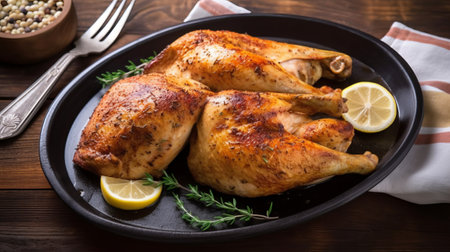 Roasted chicken with lemon and thyme on wooden background. Selective focus.の素材