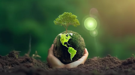 Human hands holding Earth planet with green tree growing out of it.の素材