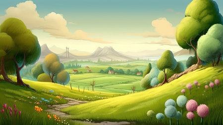 Spring landscape with green meadow, forest and mountains. Vector illustrationの素材