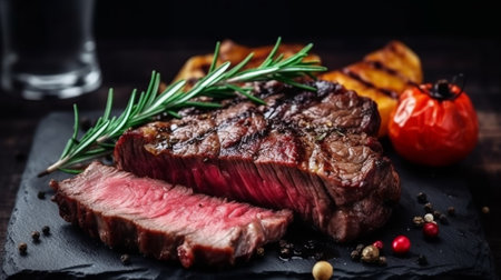 Grilled beef steak with rosemary and spices on a black background.の素材