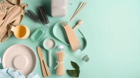 Flat lay composition with eco friendly kitchen utensils on color backgroundの素材
