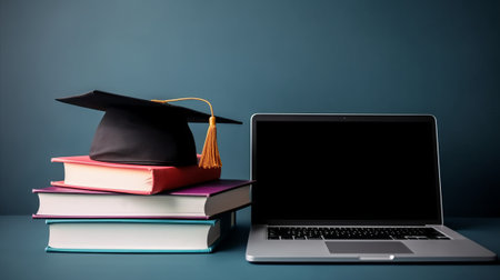 Laptop with graduation cap and books on blue background. Education concept.の素材