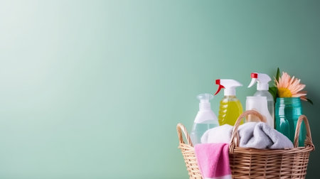 Cleaning products in a basket on a green background. Place for text.の素材
