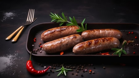 Grilled sausages with rosemary and spices on a black backgroundの素材
