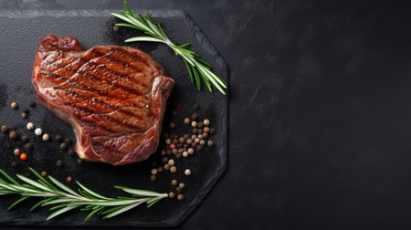Grilled beef steak with herbs and spices on a black background.の素材