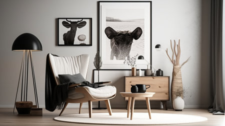 Modern scandinavian living room interior design with armchair, coffee table, commode, poster and plants. 3d renderingの素材