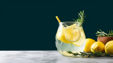 Glass of tasty lemonade with rosemary on table, space for textの素材