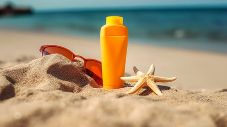 Sunscreen bottle with starfish and sunglasses on sandy beach, closeupの素材