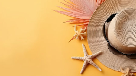 Straw hat, starfish and palm leaf on yellow background, flat layの素材