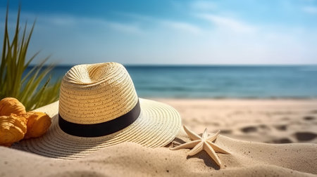 Straw hat and starfish on sandy beach with sea background.の素材