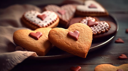 Heart-shaped cookies on a wooden background. Valentine's Day.の素材