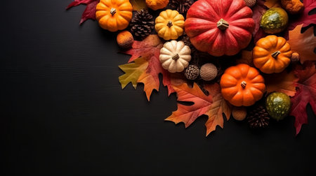 Autumn composition with pumpkins on black wooden background. Flat lay, top view, copy spaceの素材