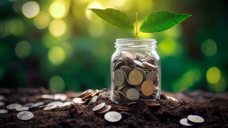 Coins in a glass jar with green plant on nature background. Saving money concept.の素材