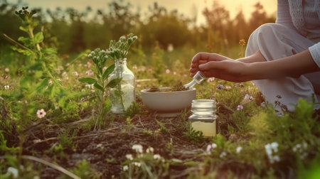 Hands of woman pouring herbal medicine in a glass jar on nature backgroundの素材