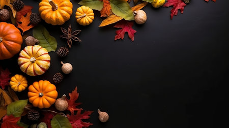 Autumn background with pumpkins, chestnuts and leaves on blackboardの素材
