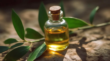 Essential oil in small glass bottle with fresh eucalyptus twigの素材