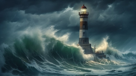 Stormy seascape with lighthouse. 3d render illustration.の素材