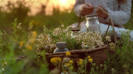 Little girl with a basket of chamomile flowers at sunsetの素材