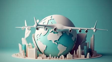 Airplane flying around the world. 3d illustration. Travel concept.の素材