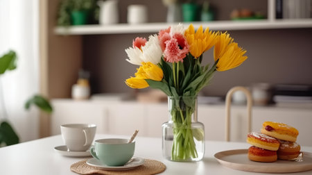 Beautiful bouquet of flowers in vase on table in kitchenの素材