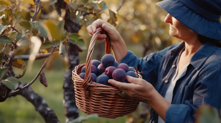 Farmer with basket of ripe plums in the orchard.の素材