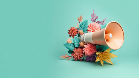 3d rendering of a megaphone with colorful flower bouquet.の素材