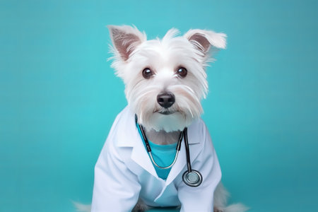 West Highland White Terrier with a stethoscope on blue backgroundの素材