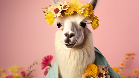 Llama in a wreath of flowers on a pink backgroundの素材
