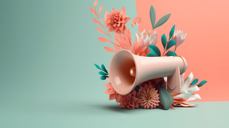 3d rendering of megaphone with flower and leaf background.の素材